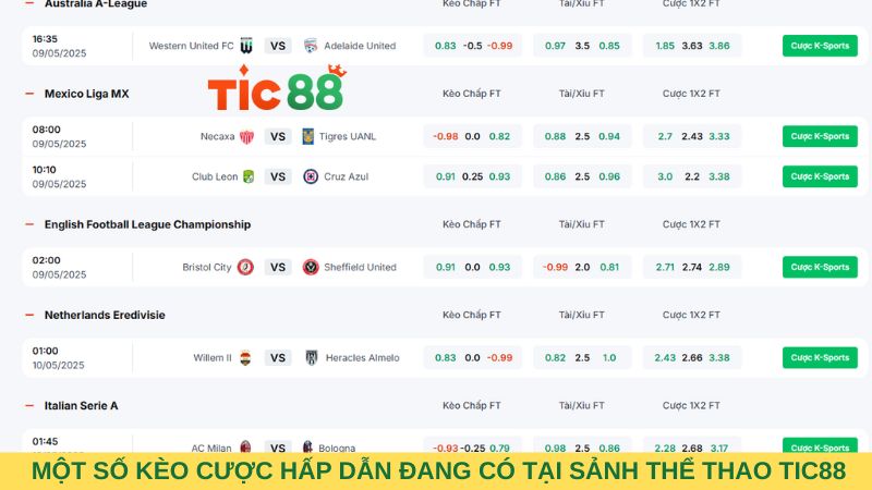 Một số kèo cá cược bóng đá hấp dẫn đang có tại TIC88